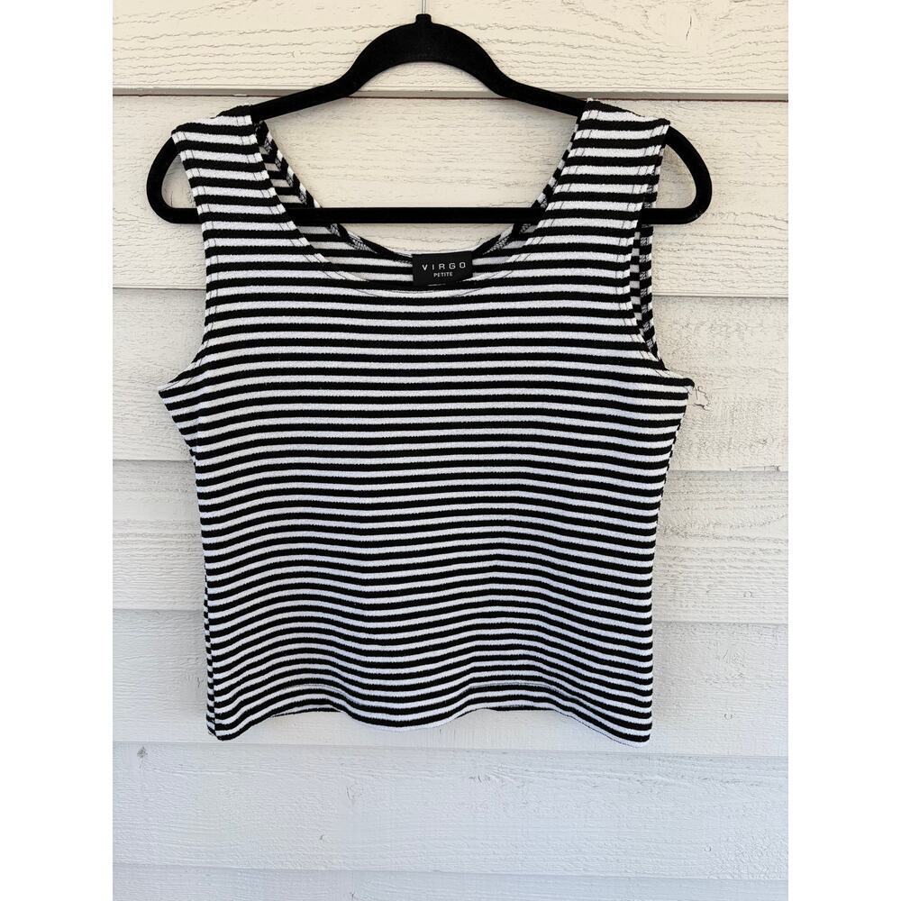 Virgo Petite Black & White Striped Sleeveless Knit Tank Top Size 12P Stretch